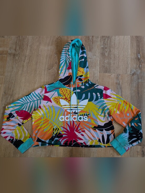 adidas Tops - Adidas Multicolor Tropical Print Cropped Hoodie 100% Cotton Size Medium